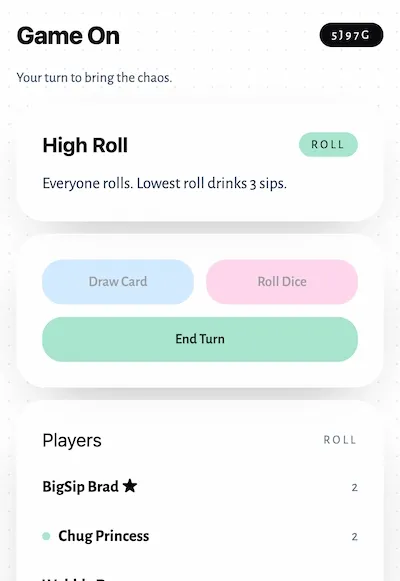 Roll dice card in Shitfaced Showdown — players roll and lowest score drinks